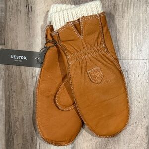 Hestra Tan Leather Mittens with Cream Knit Cuff